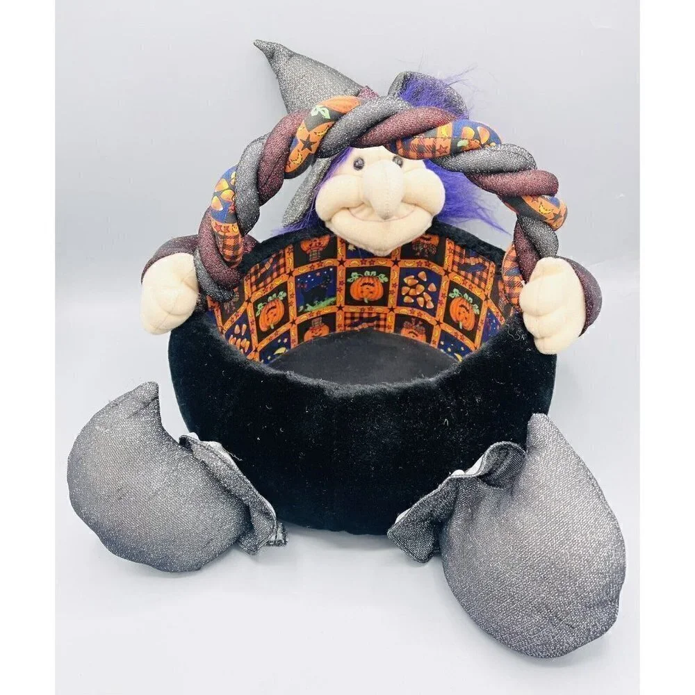 Vintage Halloween Witch Candy Basket Kids of America Plush Trick Or Treat Bowl